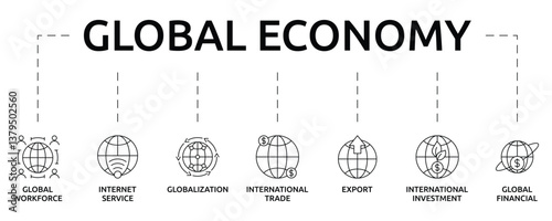 global economy banner with icon and keywords