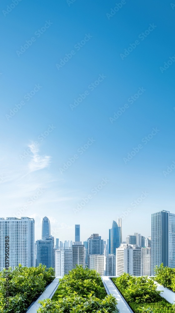 Urban Rooftop Garden Overlooking City Skyline with Blue Sky Urban Rooftop Garden Overlooking City Skyline with Blue Sky
