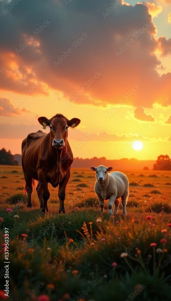 cow and sheep standing in the fields at sunset, landscape, animals, fields cow and sheep standing in the fields at sunset, landscape, animals, fields