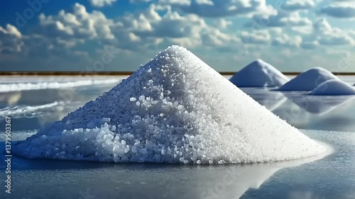 White Salt Pile on Reflective Surface Under Sunny Sky