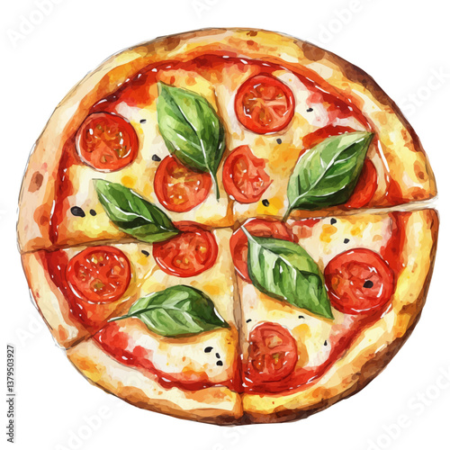 watercolor vector of Pizza Margherita, isolated on a white background. Pizza Margherita vector
