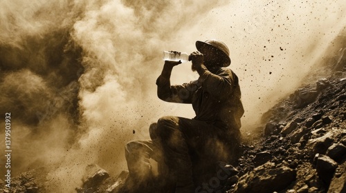 Worker Drinking Water on Rocky Terrain Amidst Dust Cloud Outdoors