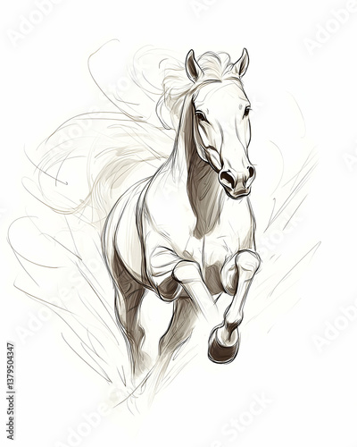 A graceful white horse is running dynamically across a bright background