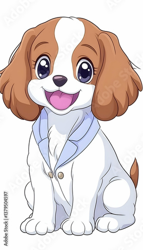 Adorable cartoon puppy in light blue jacket, sitting
