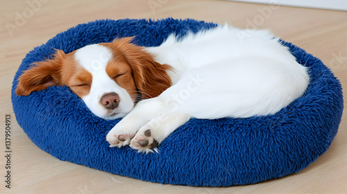 Adorable puppy soundly sleeping in a cozy blue pet bed on a wooden floor photo