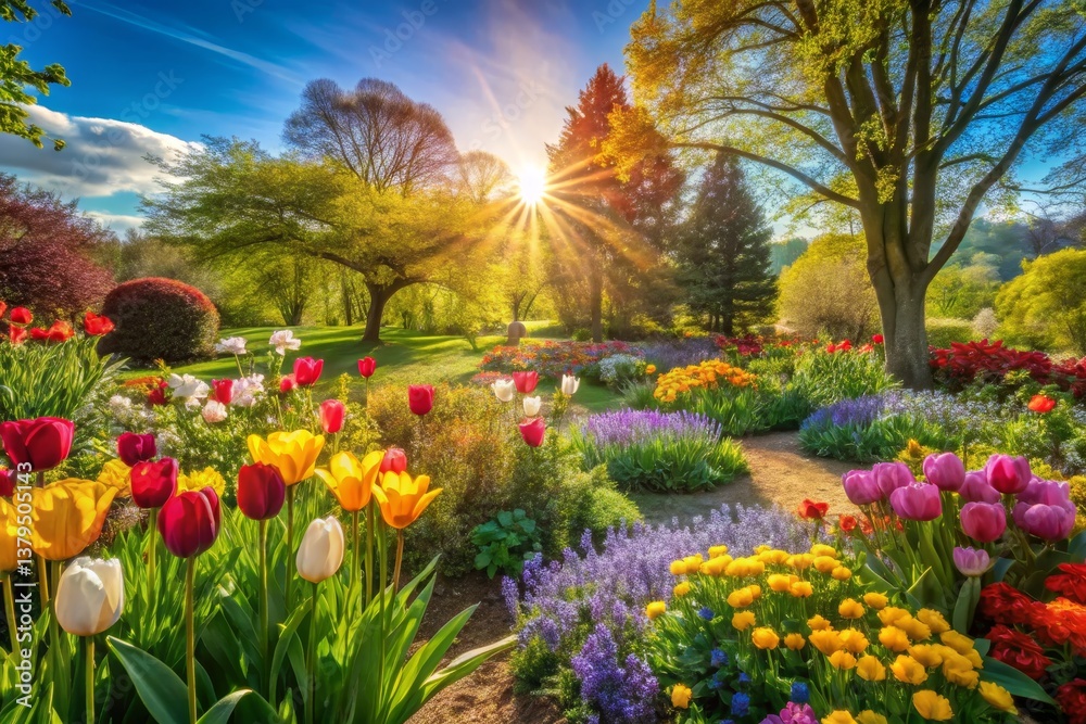Fototapeta premium Blooming Flower Garden with Sunlight