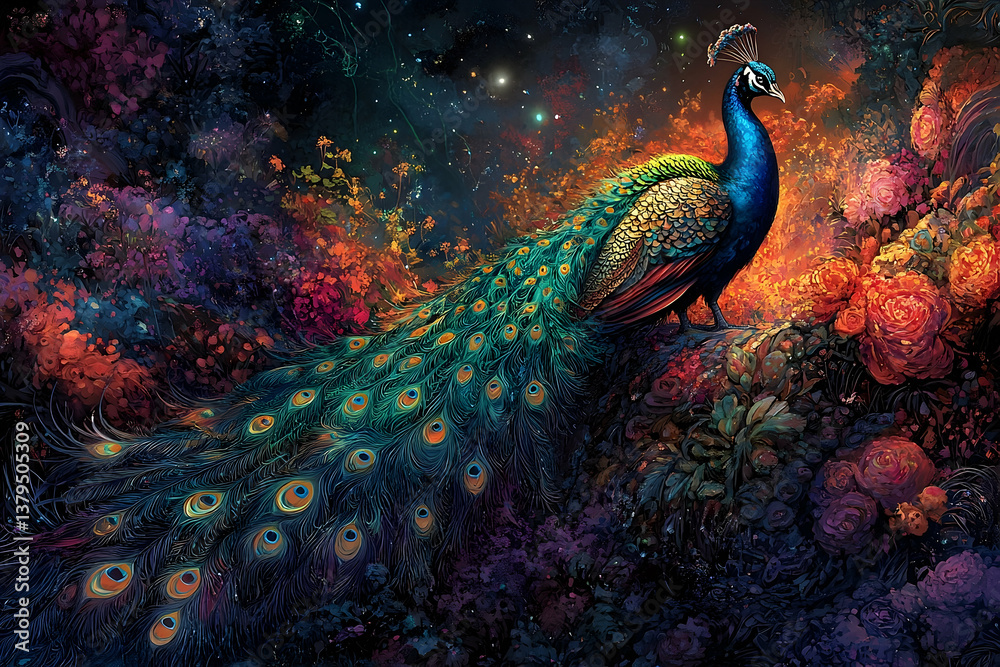 Fototapeta premium A Beautiful Peacock Perched Amidst Colorful Flourishing Floral Elements