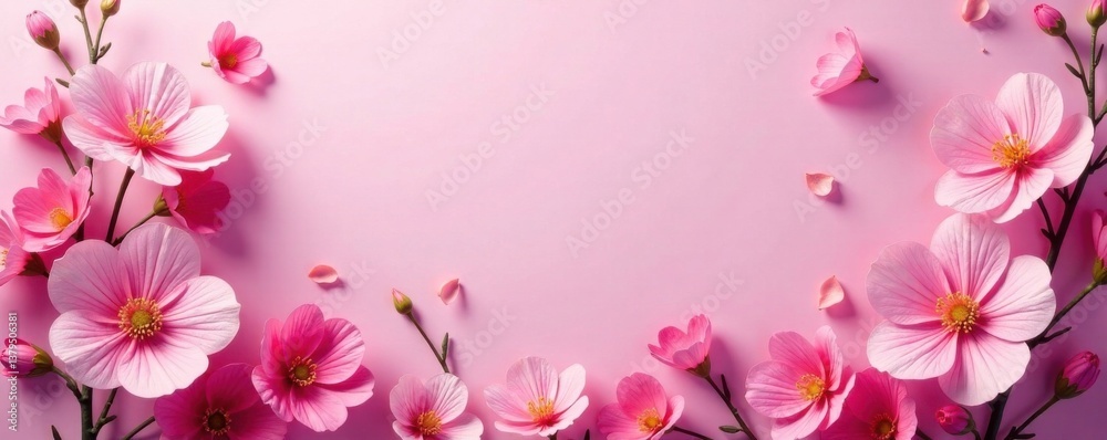 Fototapeta premium Colorful pink floral banner with a minimalist geometric shape in the background, interior, geometric, celebration