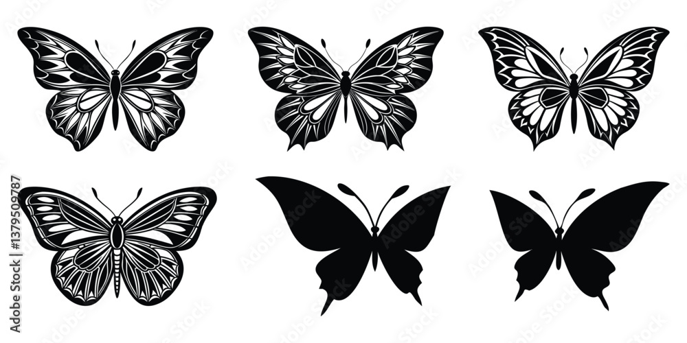Obraz premium Butterfly Silhouettes Collection: Black Vector Illustrations of Wing Patterns