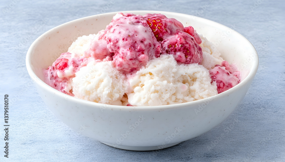 Creamy ice cream topped with fresh strawberries and sauce in a bowl Creamy ice cream topped with fresh strawberries and sauce in a bowl