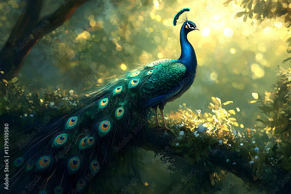 Fototapeta premium A beautiful peacock perched gracefully upon a tree branch