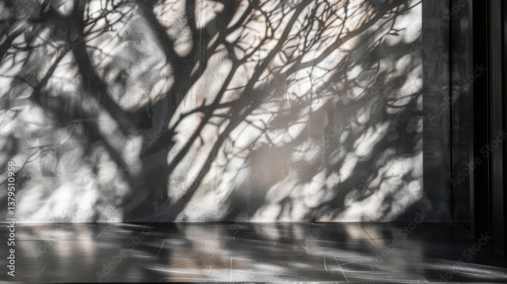 Obraz premium Shadows of a tree cast on a modern wall, creating a serene atmosphere in a minimalist interior space