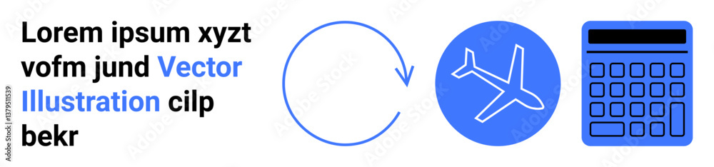 Fototapeta premium Circular arrow, airplane inside a blue circle, and a calculator suggest travel planning, ticket booking, expense calculation, and personal finance. Ideal for travel apps, budgeting tools, airline