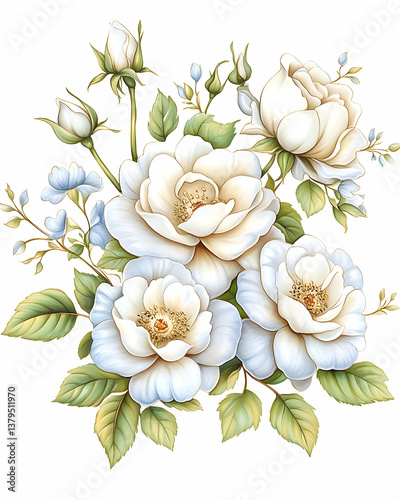 Elegant bouquet of white roses and buds, detailed illustration