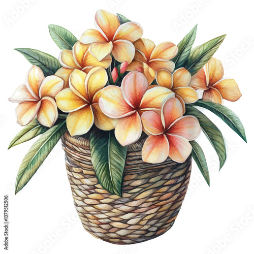 watercolor vector of Plumeria bouquet in a basket, isolated on a white background. Plumeria bouquet in a basket vector
