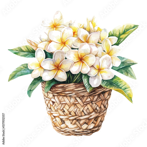 watercolor vector of Plumeria bouquet in a basket, isolated on a white background. Plumeria bouquet in a basket vector
