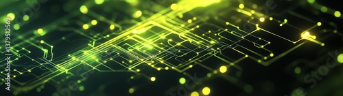 Abstract Green Technology Background with Circuitry and Light Effects