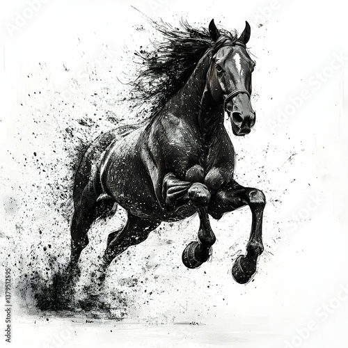 A powerful black horse is mid leap across a white background
