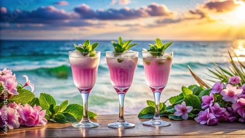 Three Refreshing Pink Cocktails Garnished with Mint at Sunset by the Ocean