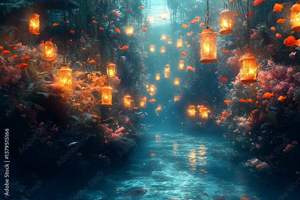 Illuminated lanterns floating above a tranquil river scene Illuminated lanterns floating above a tranquil river scene