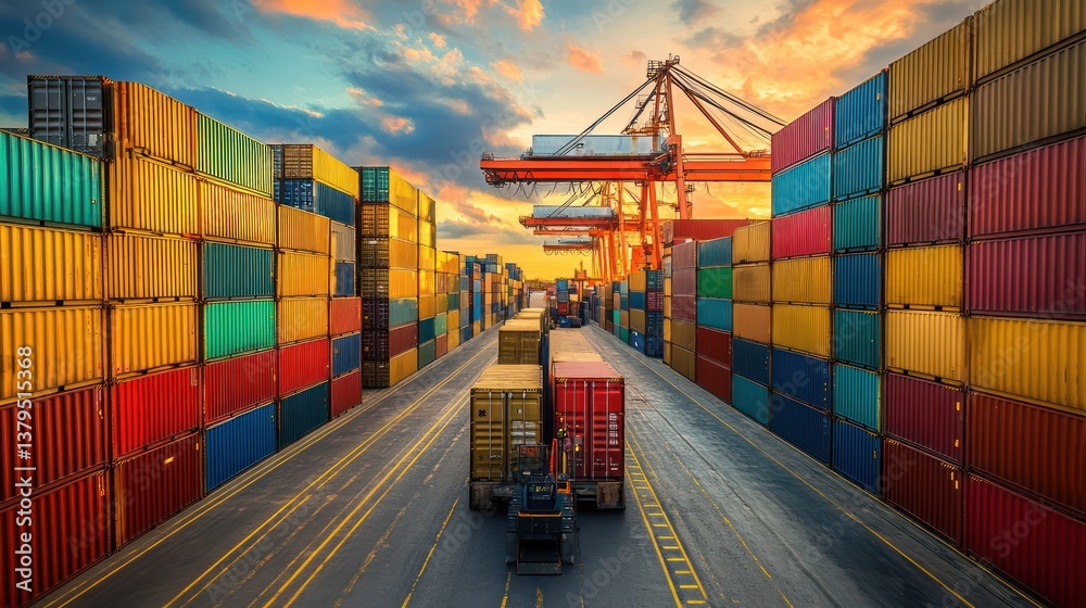 Fototapeta premium Container port sunset, forklift transport, cargo, global trade, shipping