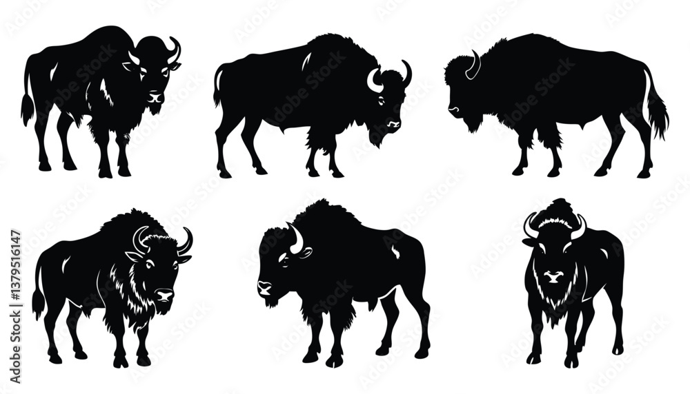 Naklejka premium Bison Silhouettes Collection: Black Vector Illustrations of Wild Buffalo