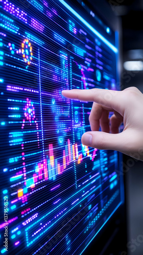 Hand interacts with vibrant data visualization on a large screen