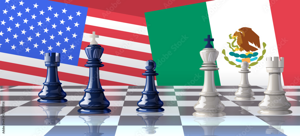 Chess pieces symbolize trade war concept with USA and Mexico flags in background on a chessboard setting. Strategic competition theme
