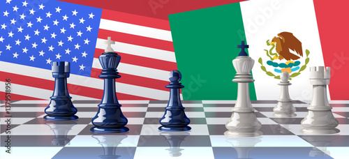 Obraz na płótnie Chess pieces symbolize trade war concept with USA and Mexico flags in background on a chessboard setting. Strategic competition theme w salonie