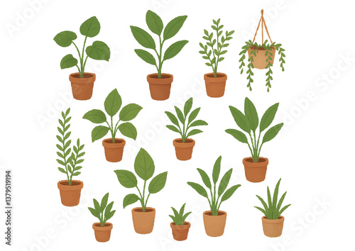 観葉植物の鉢植えイラストセット