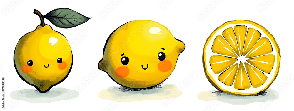 Cheerful illustrations of lemons with cute faces, including a whole lemon and a sliced lemon. with clipping path,isolated, absolutely white background background