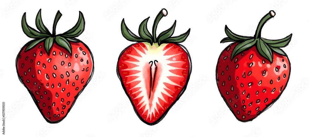 Three illustrated strawberries, showcasing whole and cut views, highlighting their vibrant red color and green tops. with clipping path,isolated, absolutely white background background