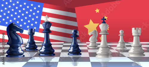 Trade war chess concept USA China flags chessboard strategy competition international relations political conflict blue white pieces digital art