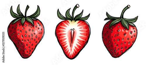 Obraz na płótnie Three illustrated strawberries, showcasing whole and cut views, highlighting their vibrant red color and green tops. with clipping path,isolated, absolutely white background background w salonie