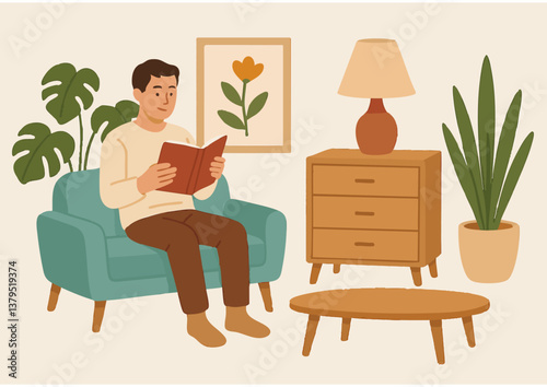 おしゃれで温かいインテリア,男性が本を読んでいるイラスト