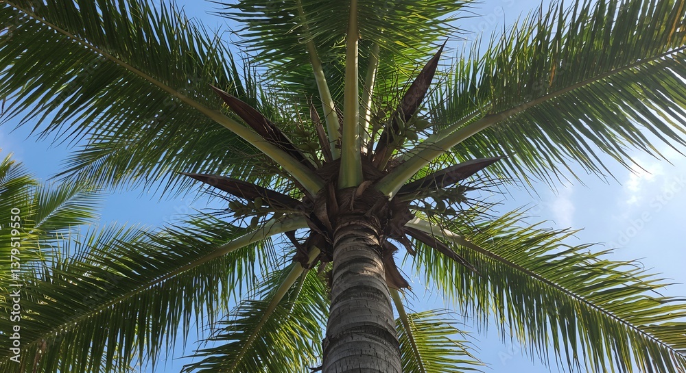 Fototapeta premium 青空の下輝くヤシの木 鮮やかな緑葉と幹 爽快な構図