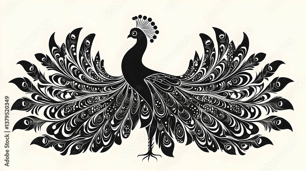Fototapeta premium A stylized black peacock with intricately detailed open feathers