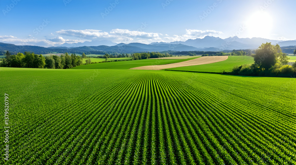 Naklejka premium Lush green field with parallel rows, leading to distant mountains under a vibrant blue sky