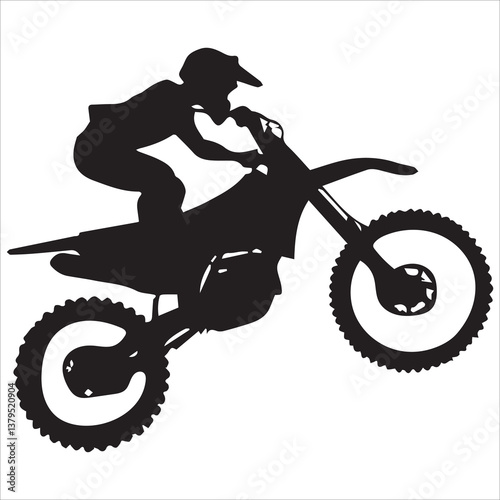 silhouette of motorcycle rider performing trick on white background, Motocross Silhouette Vector stock illustrator, Silhouette of a motocross rider doing a freestyle stunt in the air Vector