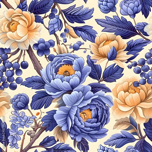 A vibrant floral pattern featuring peonies and berries in blue and peach tones.
