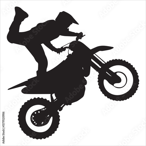silhouette of motorcycle rider performing trick on white background, Motocross Silhouette Vector stock illustrator, Silhouette of a motocross rider doing a freestyle stunt in the air Vector