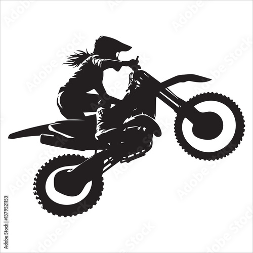 silhouette of motorcycle rider performing trick on white background, Motocross Silhouette Vector stock illustrator, Silhouette of a motocross rider doing a freestyle stunt in the air Vector