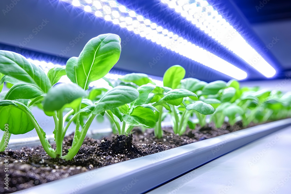 Lush green seedlings thriving under bright LED grow lights in a controlled environment