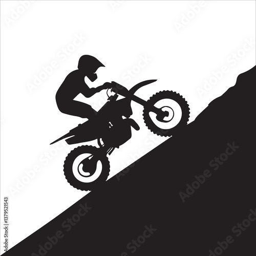 silhouette of motorcycle rider performing trick on white background, Motocross Silhouette Vector stock illustrator, Silhouette of a motocross rider doing a freestyle stunt in the air Vector