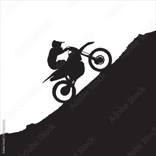 silhouette of motorcycle rider performing trick on white background, Motocross Silhouette Vector stock illustrator, Silhouette of a motocross rider doing a freestyle stunt in the air Vector