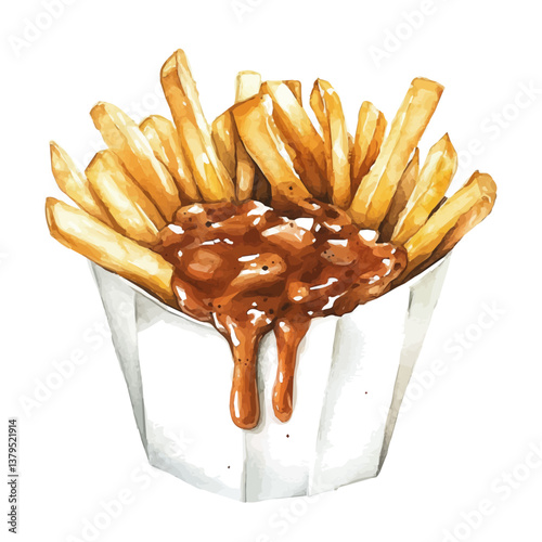 A watercolor vector illustration of Poutine, isolated on a white background.

