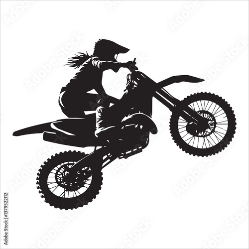 silhouette of motorcycle rider performing trick on white background, Motocross Silhouette Vector stock illustrator, Silhouette of a motocross rider doing a freestyle stunt in the air Vector