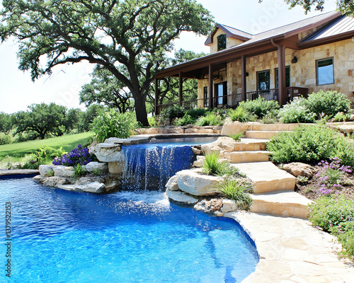 Luxurious backyard oasis with a stone waterfall cascading into a blue pool, leading to a charming stone house