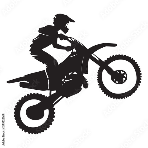 silhouette of motorcycle rider performing trick on white background, Motocross Silhouette Vector stock illustrator, Silhouette of a motocross rider doing a freestyle stunt in the air Vector