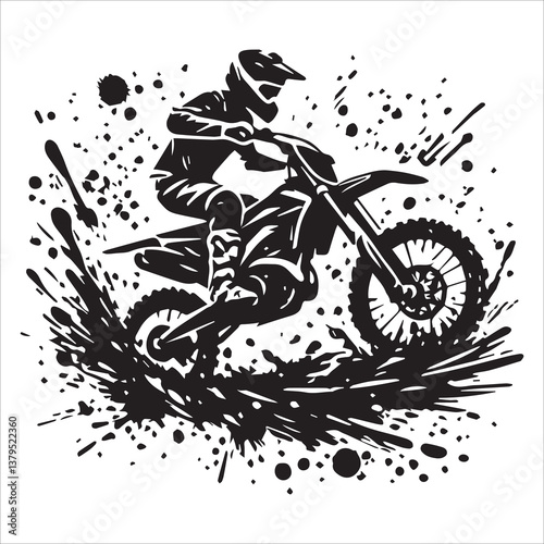 silhouette of motorcycle rider performing trick on white background, Motocross Silhouette Vector stock illustrator, Silhouette of a motocross rider doing a freestyle stunt in the air Vector